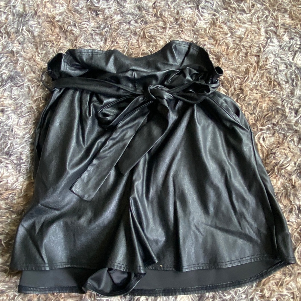 Flounce Black Faux Leather Shorts with Belt